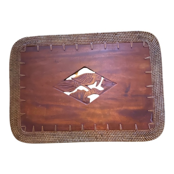 Vintage Balinese hand-carved teak wood and woven rattan placemats. 4 pcs - Picture 3 of 15